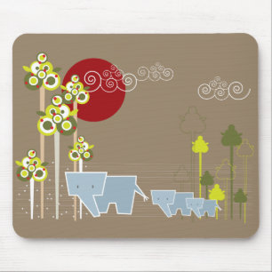 Whimsical Elephant Family In The Forest & Red Sun Mouse Mat