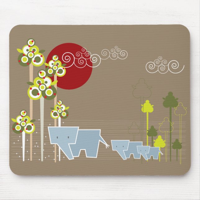 Whimsical Elephant Family In The Forest & Red Sun Mouse Mat (Front)