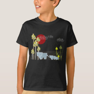 Whimsical Elephant Family In The Forest & Red Sun T-Shirt