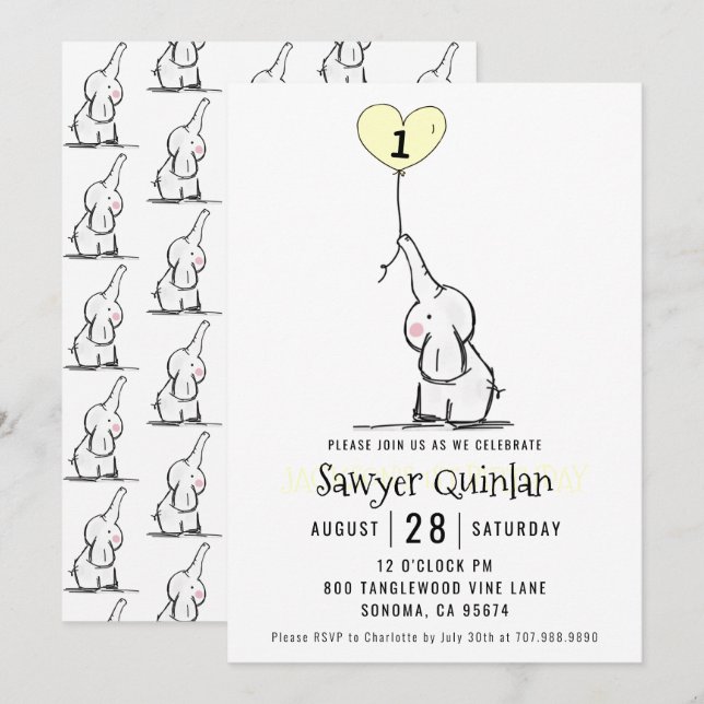 Whimsical Elephant First Birthday  Invitation (Front/Back)