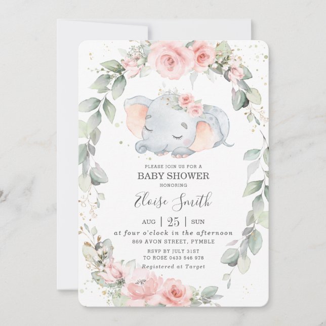 Whimsical Elephant Floral Greenery Baby Shower  Invitation (Front)