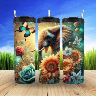 Whimsical Elephant in Floral Fantasy Thermal Tumbler