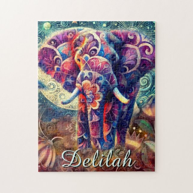 Whimsical Elephant Night Stars Moon Personalised Jigsaw Puzzle (Vertical)