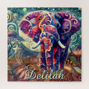 Whimsical Elephant Night Stars Moon Personalised Jigsaw Puzzle