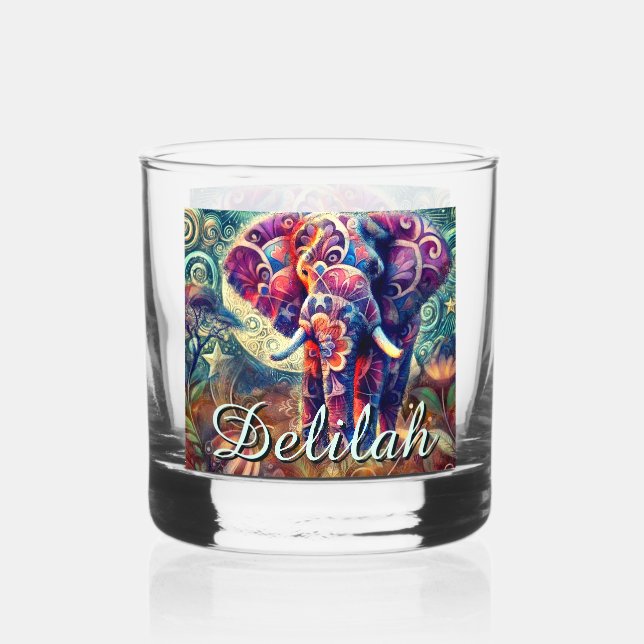 Whimsical Elephant Night Stars Moon Personalised Whiskey Glass (Front)