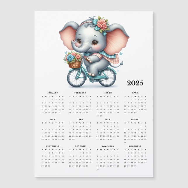 Whimsical Elephant on a Bike 2025 Magnet Calendar (Front)