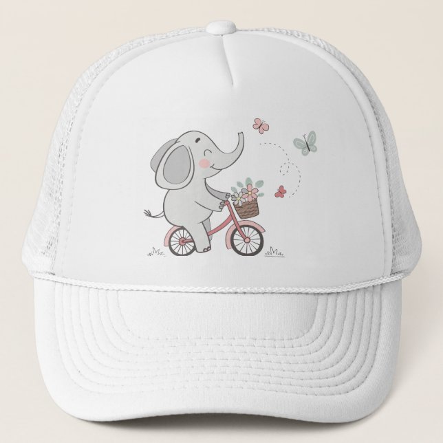 Whimsical Elephant Riding Bike –Kids Animal Design Trucker Hat (Front)