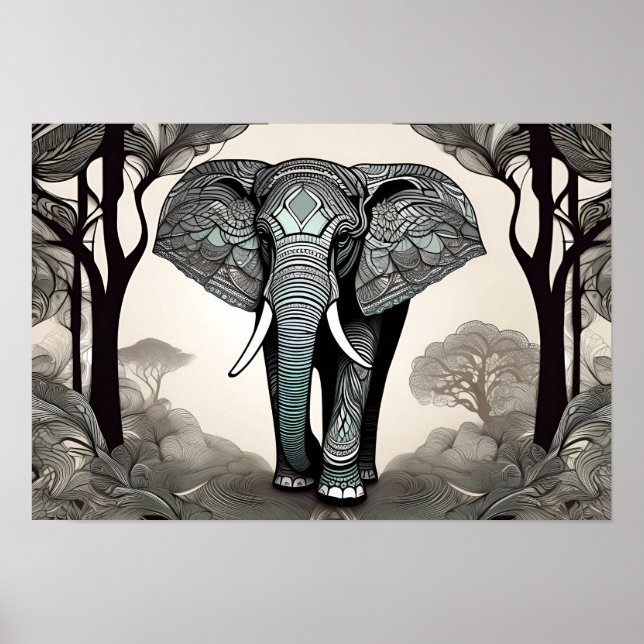  Whimsical Elephant Sketch - Black & White with a  Poster (Front)