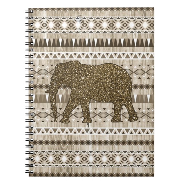 Whimsical Elephant Tribal Pattern on Wood Design Notebook (Front)