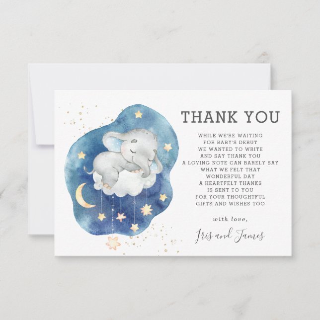 Whimsical Elephant Twinkle Little Star Baby Shower Thank You Card (Front)