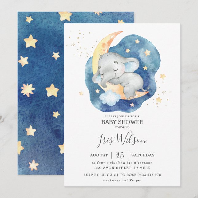 Whimsical Elephant Twinkle Star Baby Shower Boy Invitation (Front/Back)