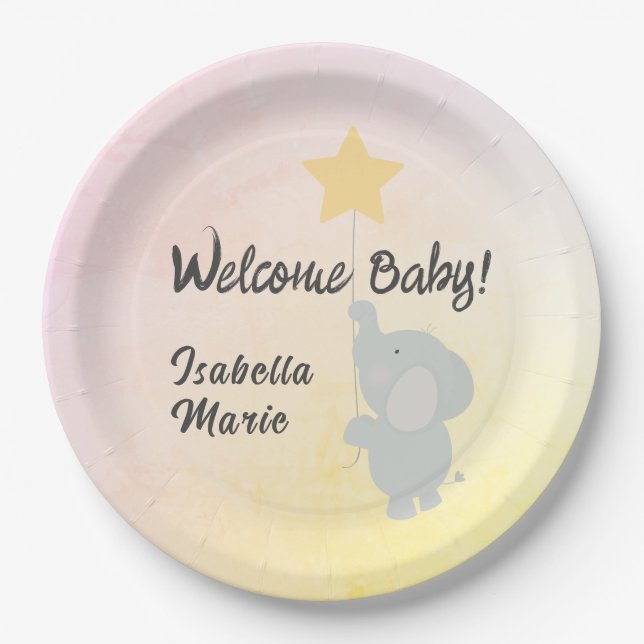 Whimsical Elephant Welcome Baby Paper Plate (Front)