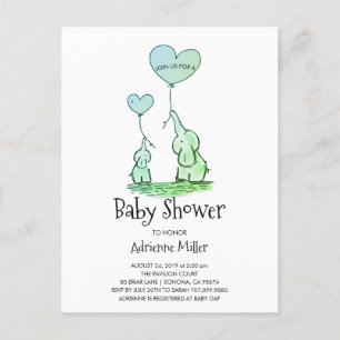 Whimsical Elephants and Balloons Baby Boy Shower Invitation Postcard