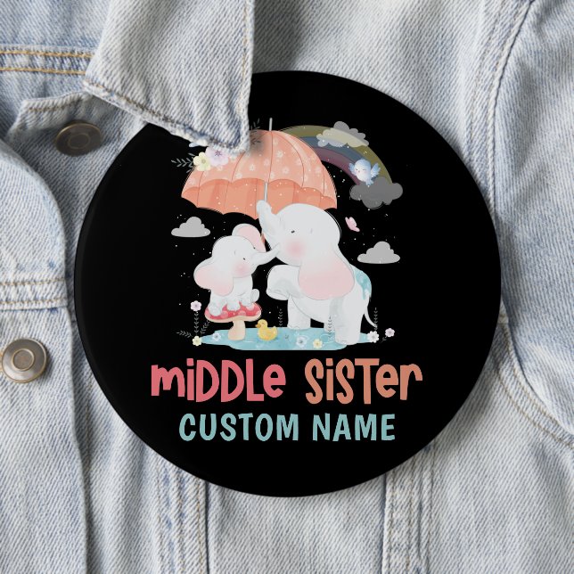 Whimsical Elephants Middle Sister Custom Name 6 Cm Round Badge (In Situ)