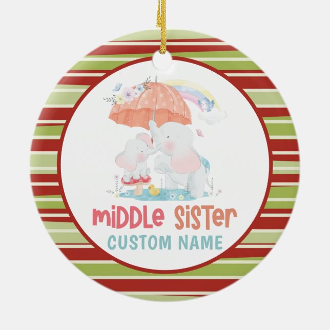 Whimsical Elephants Middle Sister Custom Name Ceramic Tree Decoration (Back)
