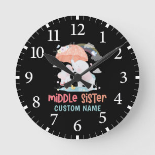 Whimsical Elephants Middle Sister Custom Name Round Clock