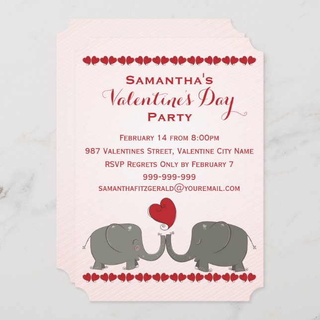 Whimsical Elephants Valentines Day Party Invitation (Front/Back)