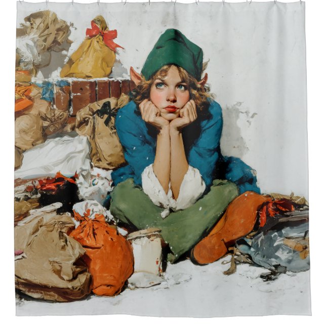 Whimsical Elf Among Gift Bags Shower Curtain (Front)