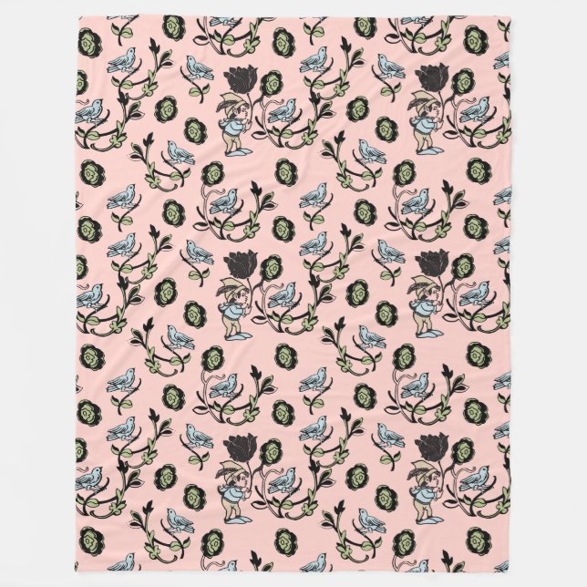Whimsical Elf and Bird Pattern on Pink Fleece Blanket (Front)