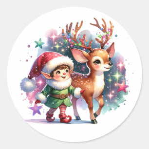 Whimsical Elf and Reindeer Christmas Classic Round Sticker