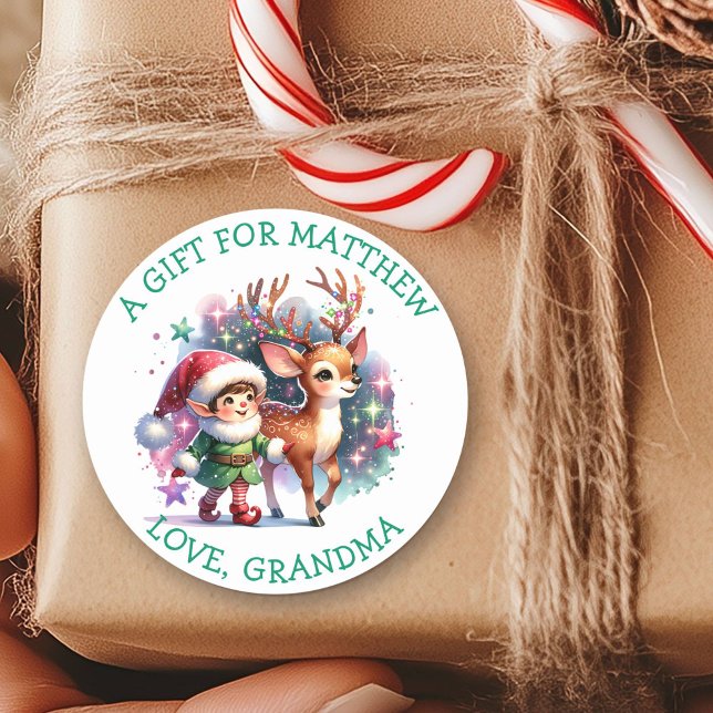 Whimsical Elf and Reindeer Christmas to and from Classic Round Sticker (Creator Uploaded)