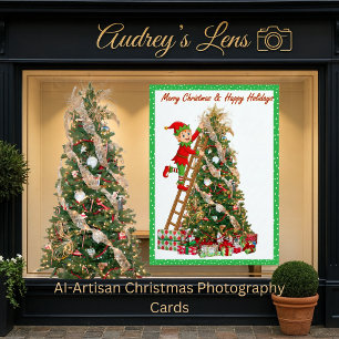 Whimsical Elf Climbing Ladder to Tree  Holiday Card