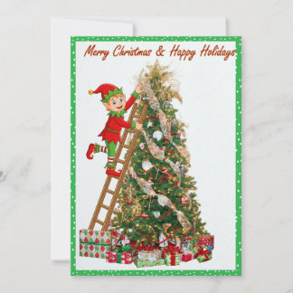 Whimsical Elf Climbing Ladder to Tree Holiday Card