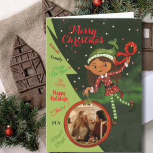 Whimsical Elf Girl Photo Christmas Card Green