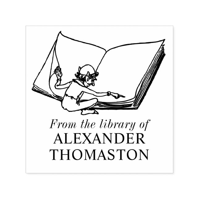 Whimsical Elf Reading Large Book Library Name Self-inking Stamp (Design)