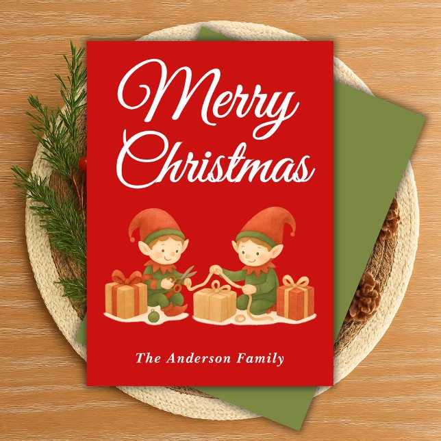 Whimsical Elves Wrapping Christmas Presents Holiday Card (Creator Uploaded)