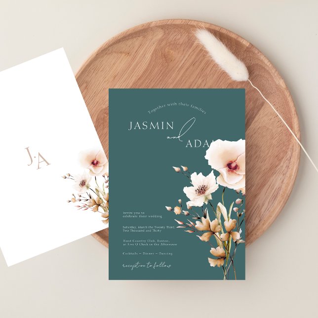 Whimsical Emerald Green Pink Wildflowers Wedding Invitation (Whimsical Emerald Green Pink Wildflowers Wedding Invitation)