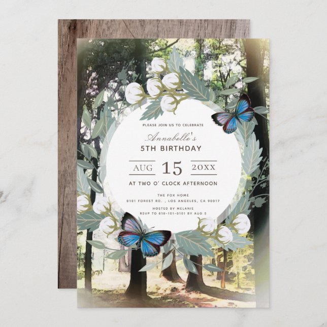 Whimsical Enchanted Forest Blue Butterfly Birthday Invitation (Front/Back)