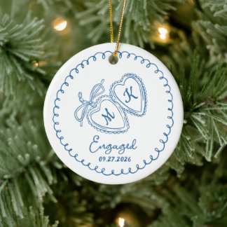 Whimsical Engaged Couple Blue Hearts Trendy Doodle Ceramic Tree Decoration