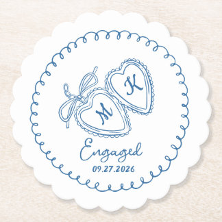 Whimsical Engaged Couple Blue Hearts Trendy Doodle Paper Coaster