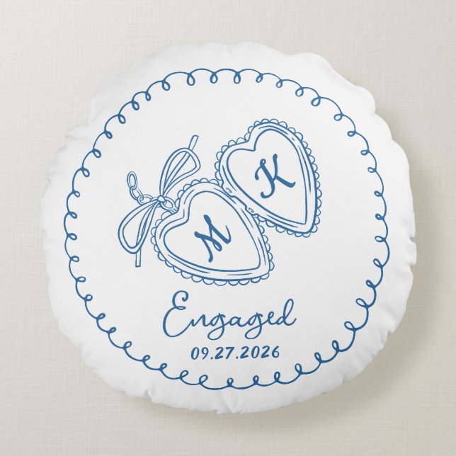 Whimsical Engaged Couple Blue Hearts Trendy Doodle Round Cushion (Front)