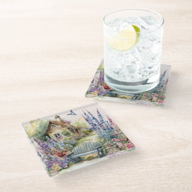 Whimsical English Cottage House Flower Garden  Glass Coaster (Angled)