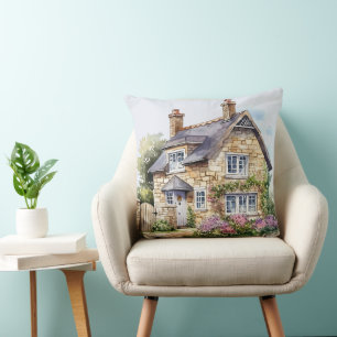 Whimsical English Stone Cottage Flower Garden  Cushion