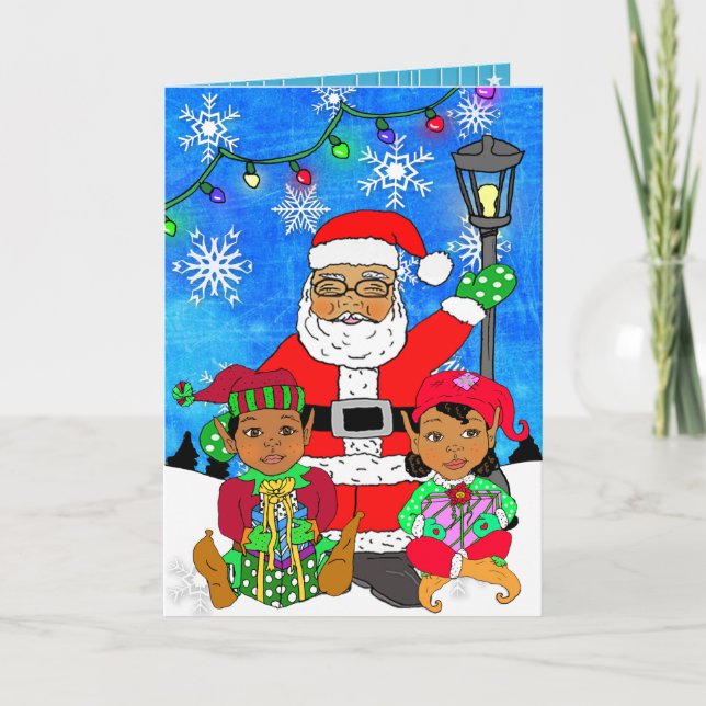 Whimsical Ethnic Santa and Elves Christmas Card (Front)
