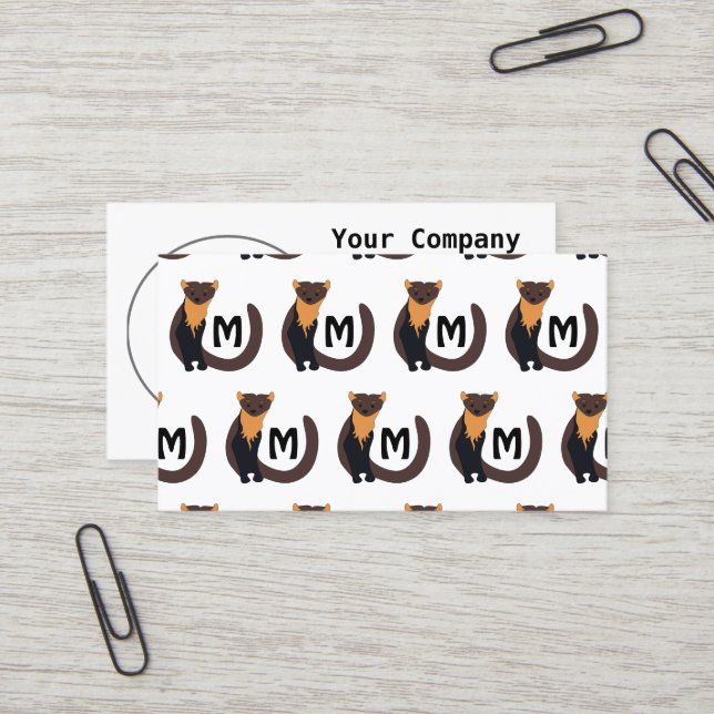 Whimsical European Pine Marten Monogram Business Card (Front/Back In Situ)