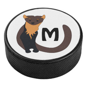 Whimsical European Pine Marten Monogram Hockey Puck