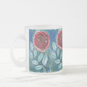 Whimsical Expressionist Red Rose Teal Leaves Coffe Frosted Glass Coffee Mug