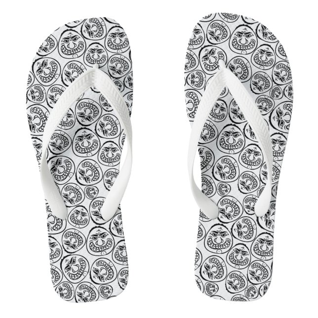Whimsical Faces: Playful Black and White Cartoon Flip Flops (Footbed)