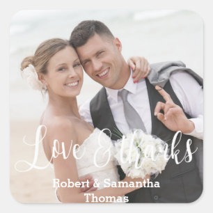 Whimsical Faded Photo Calligraphy Wedding Square Sticker