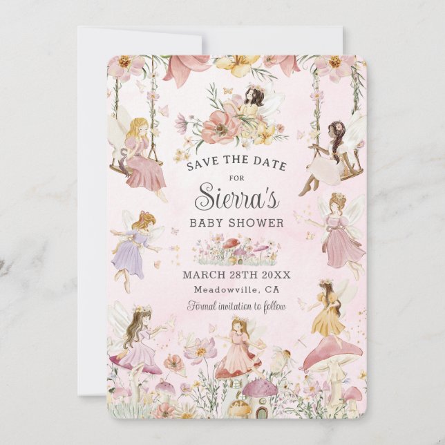 Whimsical Fairies Baby Shower Flower Garden Meadow Save The Date (Front)