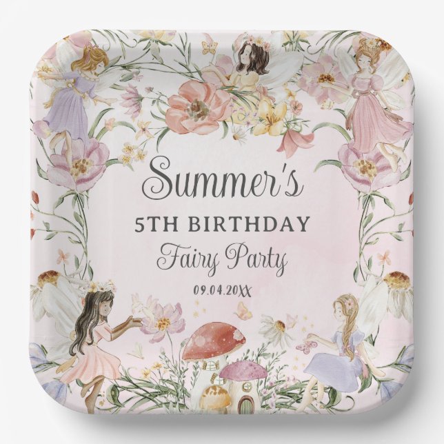 Whimsical Fairies Birthday Flower Garden Meadow Paper Plate (Front)