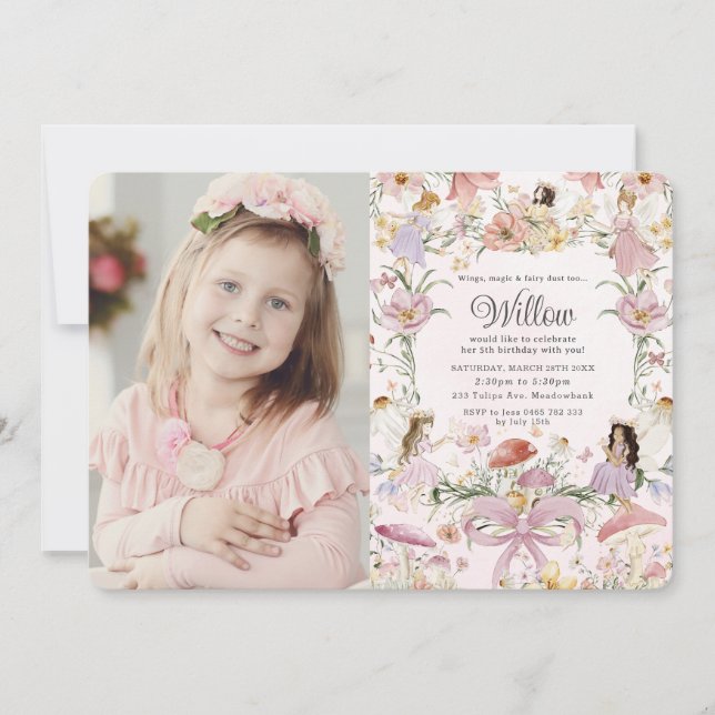 Whimsical Fairies Birthday Flower Garden Picture Invitation (Front)