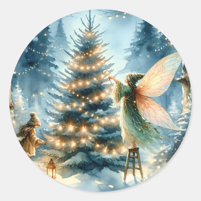 Whimsical Fairies in Winter Wonderland Classic Round Sticker (Front)