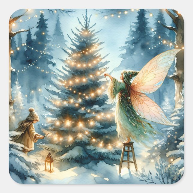 Whimsical Fairies in Winter Wonderland Square Sticker (Front)