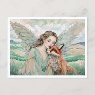 Whimsical Fairy and Fox in Serene Landscape Postcard