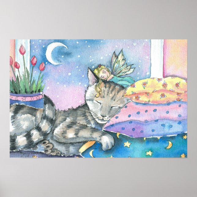 Whimsical Fairy and Tabby Cat Art Print Poster (Front)